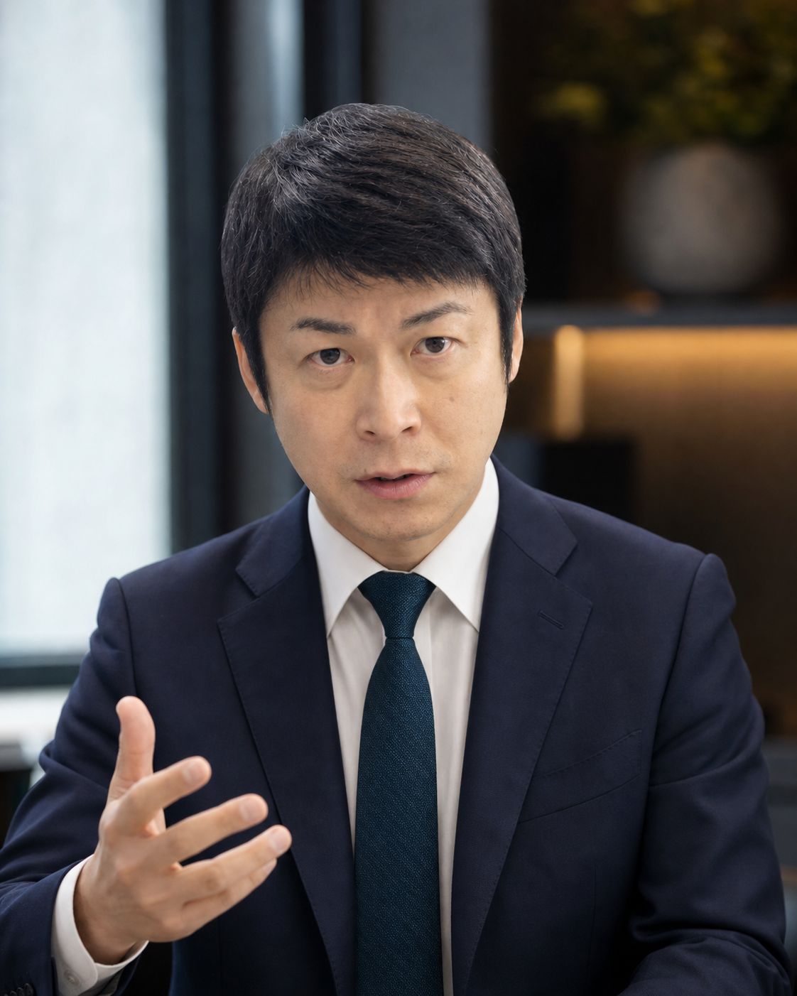 スーツ姿で事業について語る代表取締役 古澤秀和